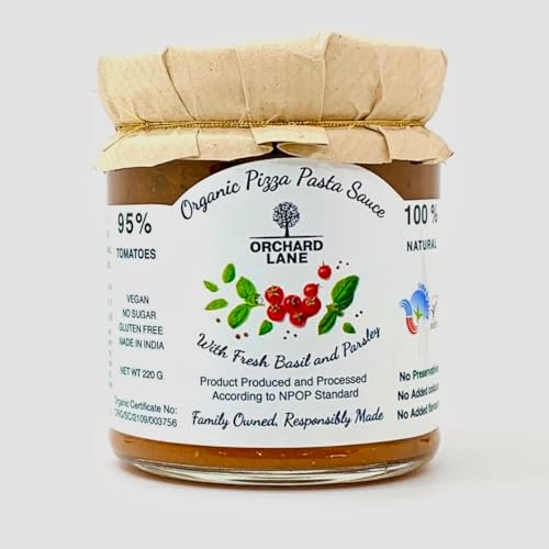 Orchard Lane Pizza Pasta Sauce for Health Conscious Families -Certified Organic | No added sugar | Authentic Italian basil| No Preservatives Or Chemicals | Medium spice Arrabbiata Sauce | 200 Grams Glass bottle- ZERO PLASTIC- replacement guarantee if received broken