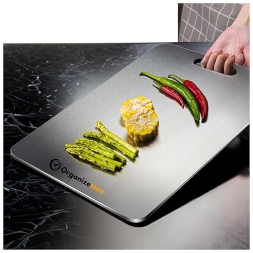 OrganizeMee Large Stainless Steel Cutting Board for Kitchen - Premium Vegetable and Fruit Cutter, Heavy-Duty Metal Chopping Board, Big Size Pad (36 cm X 25 cm)