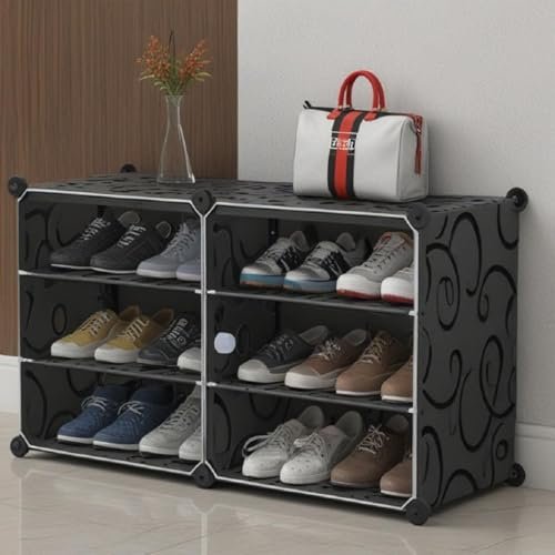 Owme Plastic Shoes Rack for Home, 2-Door 6-Shelf Portable Shoes Rack with Dustproof Door for Heels/Slippers/Boots, DIY Multi-Purpose Shoe Organizer, Black