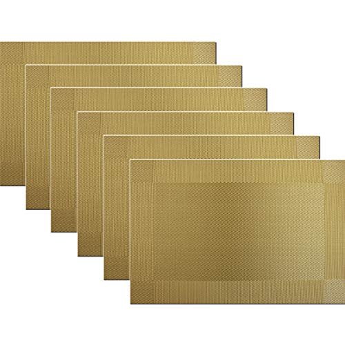Panda Palm Placemats Vinyl Twill Weave Heat-Resistant Table Mats Washable Kitchen Placemats for Dinig Table Set of 6 (Gold)