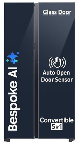 Samsung 653 L, 3 Star, Bespoke AI, Glass Door, Frost Free, Double Door, Convertible 5-in-1 Digital Inverter, Side By Side Smart Refrigerator with Auto Open Door (RS76CB81A341HL, Clean Navy)