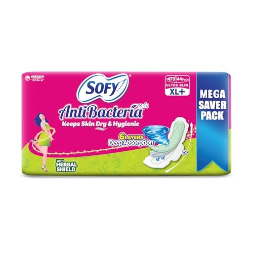 Sofy Anti-Bacteria Sanitary Pads (XL+ Size - 323 mm) 44 Pads - 6 layer deep absorption & Herbal Shield for Bacterial Protection, Soft on skin with comfy dry top sheet (Pack of 1)