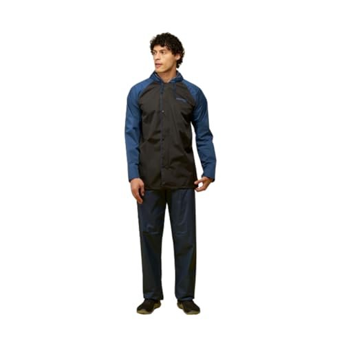 WATER FIGHTER by ZEEL Rain Coat for Men with Adjustable Hood, Polyester Waterproof Full Sleeves, Top and Bottom Set Rainwear, Front Zip with Snap Button Flap, Lightweight (EWF87, Black & Blue, XL)