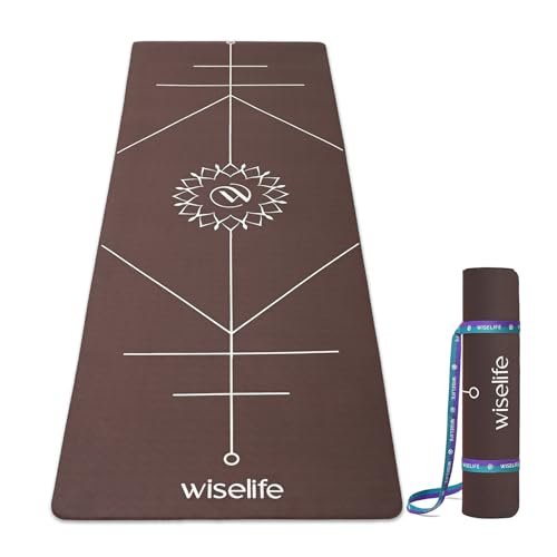 Wiselife True Body Alignment Yoga Mat + Sleek Yoga Strap For Men And Women | Non-Slip Textured Extra Wide & Thick | Pro Balance Tpe Exercise Mat For Home, Pilates, Gym & Fitness (6MM,BROWN)