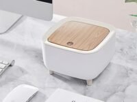 waqif Modern Plastic Mini Trash Can with Lid - Wastebasket for Bathroom Vanity, Desktop, Tabletop or Coffee Table (Square Press - White)