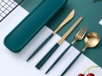 CherryBox Premium Spoon Fork Butter Knife & Chopstick Set - Flatware Dinnerware Cutlery Tableware Set - Gold Plated 304 Stainless Steel (Green)