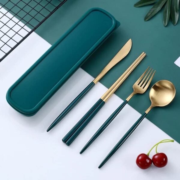 CherryBox Premium Spoon Fork Butter Knife & Chopstick Set - Flatware Dinnerware Cutlery Tableware Set - Gold Plated 304 Stainless Steel (Green)