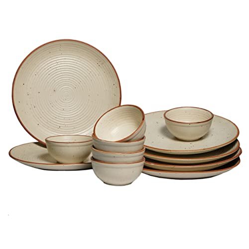 Yourowndcor Stoneware Ceramic Dinner Set of 12 Pieces for Dinner with Katoris (12 Pieces, 6 Bowl & 6 Plates, Dishwasher & Microwave Safe) -Dinner Sets Ceramic Bowls Set Dinnerware Sets-Off White