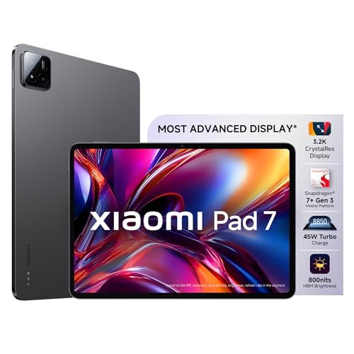 XIAOMI Pad 7 |Qualcomm Snapdragon 7+ Gen 3 |28.35cm(11.16") Display |12GB, 256GB |3.2K CrystalRes Display |HyperOS 2 |68 Billion+ Colours |Dolby Vision Atmos |Quad Speakers |Wi-Fi 6e |Graphite Grey