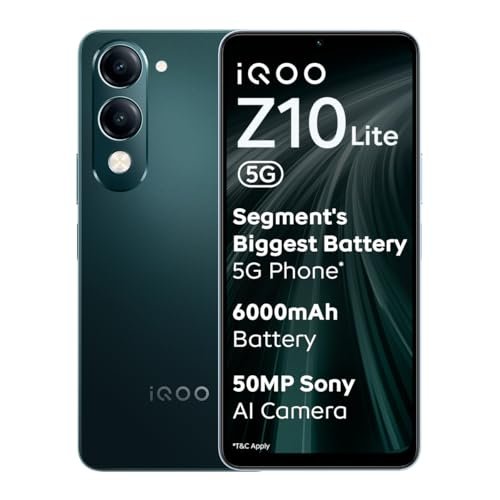 iQOO Z10 Lite 5G (Cyber Green, 4GB RAM, 128GB Storage) | 6000 mAh Battery | Dimensity 6300 5G Processor with 433K+* AnTuTu Score | IP64 Rated & Military Grade Shock-Resistance
