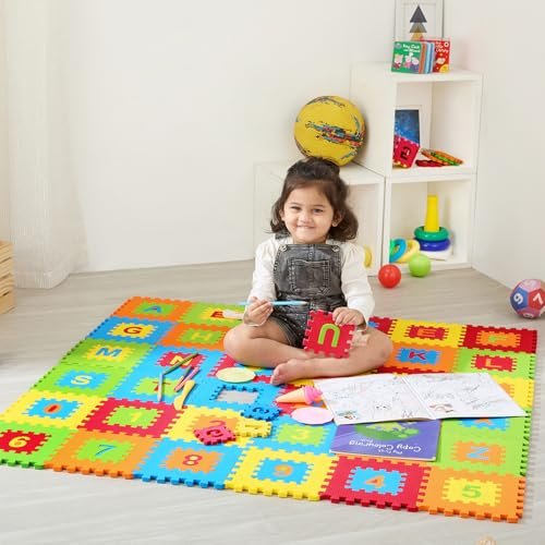 Amazon Brand - Supples Pop Out Interlocking Playmat | Baby Puzzle Mat | Alphabets & Numbers Floor Mat | Multicolour |EVA Foam | Safe & Soft