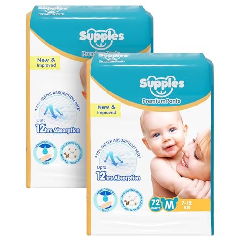 Amazon Brand - Supples Premium Baby Diaper Pants | 144 Baby Diapers | Medium | 7-12 Kg | 72 x 2 Packs | 12 Hrs Absorption | Cushiony Cotton Soft Fabric | Phthalates-Free | Triple Leak Guard