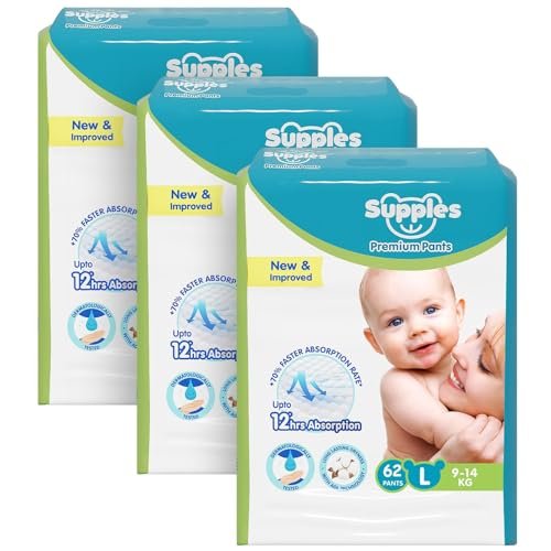 Amazon Brand - Supples Premium Baby Diaper Pants | 186 Baby Diapers | Large | 9-14 Kg | 62 x 3 Packs | 12 Hrs Absorption | Cushiony Cotton Soft Fabric | Phthalates-Free | Triple Leak Guard