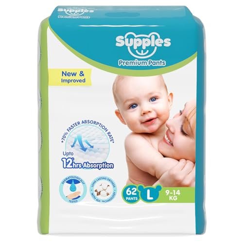 Amazon Brand - Supples Premium Baby Diaper Pants | 62 Baby Diapers | Large | 9-14 Kg | 12 Hrs Absorption | Cushiony Cotton Soft Fabric | Phthalates-Free | Triple Leak Guard