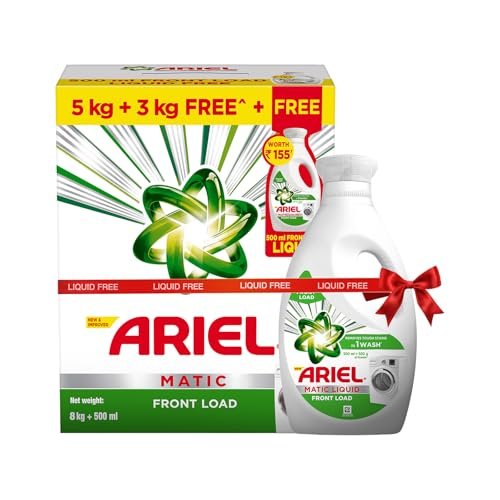 Ariel Matic Detergent Powder Front Load - 5kg + 3kg + 500ml Liquid free | Removes 100 Tough Stains in 1 wash | Specially Designed for Washing Machines | Fresh Fragrance