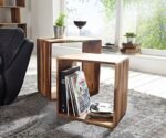 BM WOOD FURNITURE Sheesham Wood Nesting Tables for Living Room | Wooden Bedside End Table | Set of 2 Stools | Honey Finish