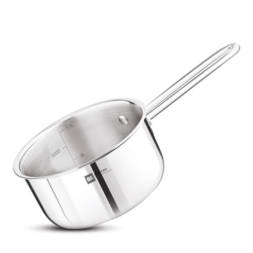 Bergner BE Essentials Triply Stainless Steel 14cm / 1.1 L Teapan, Small Size Milkpan, Saucepan with Rivetless Stay Cool Handle, Healthy Cooking, Faster Heating, Easy to Clean, Full Induction Bottom
