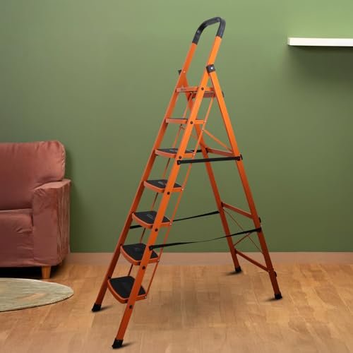 BonKaso Climb Steady Premium Alloy Steel Heavy Duty Multipurpose Foldable 7 Step Ladder with Connecting Frame & Belt Support for Home and Outdoor - (Orange)
