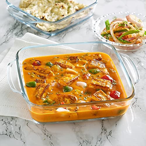 Borosil 1.6 L Baking & Serving Dish with Handle | Square Shape Bowl Container | Borosilicate Glass Bakeware and Serveware Casserole Dish Tray | Microwave, Oven & Dishwasher Safe | Transparent