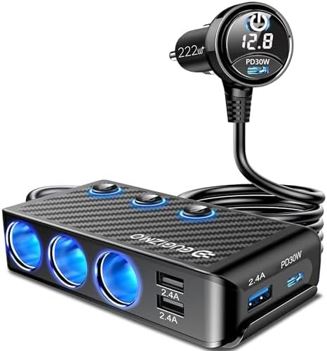 Cigarette Lighter Plug Splitter Adapter, EUGIZMO 222W Multi Port Power Plug Car Charger Adapter for Plug Outlet 12V 3 Socket Splitter Car Cigarette Lighter USB Charger with LED Independent Switches