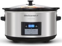 Elite Gourmet MST-900D 8.5Qt Digital Programmable XL Jumbo Slow Cooker, Adjustable Temp, Entrees, Sauces, Stews & Dips, Dishwasher Safe Glass Lid & Crock, Stainless Steel