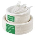 FOCUSLINE 300 Piece Compostable Paper Plates Set Biodegradable Utensils, Heavy Duty Disposable Sugarcane Plates Eco Friendly CPLA Cutlery, Disposable Dinnerware Set for Party, Camping, Picnic