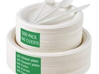 FOCUSLINE 300 Piece Compostable Paper Plates Set Biodegradable Utensils, Heavy Duty Disposable Sugarcane Plates Eco Friendly CPLA Cutlery, Disposable Dinnerware Set for Party, Camping, Picnic