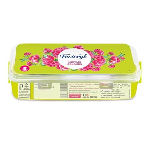 Fevicryl Acrylic Colours Sunflower Kit | 10 Colours x 15 ml | DIY Paint, Rich Pigment | Multicolour & Multi-surface | Non-Cracking Paint for Canvas, Wood, Leather, Earthenware, Metal