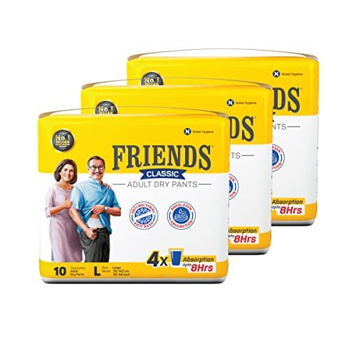 Friends Classic Adult Diapers Pants Style | 30 Count (Large) | Waist 30-56 inch; 76-142 cm with odour lock | Unisex | Leakproof | Elastic Waist and Anti-Bacterial Absorbent Core