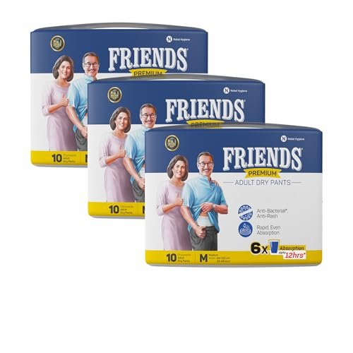 Friends Premium Adult Diapers Pants Style - 30 Count (Medium) with odour lock, Unisex, Leakproof, Elastic Waist and Anti-Bacterial Absorbent Core - Waist Size 25-48 inch; 63.5-122 cm