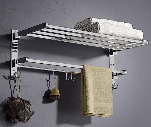 Gloxy Towel Rack in Bathroom | Stainless Steel Towel Holder in Bathroom | 24 Inch Folding Wall Mounted Towel Rack with Shelf – Durable & Space-Saving – Chrome Finish (Non-Adhesive)