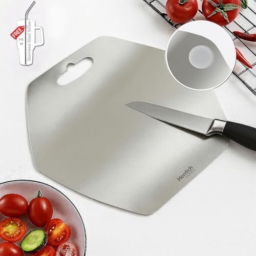 Herrlich Homes Premium 304 Stainless Steel Hexagonal Chopping Board for Kitchen | 34 x 31 cm | with 2 Steel Straw & Anti-Skid Silicon Pad | Reversible | for Cutting Vegetables, Fruits, Meat | Medium