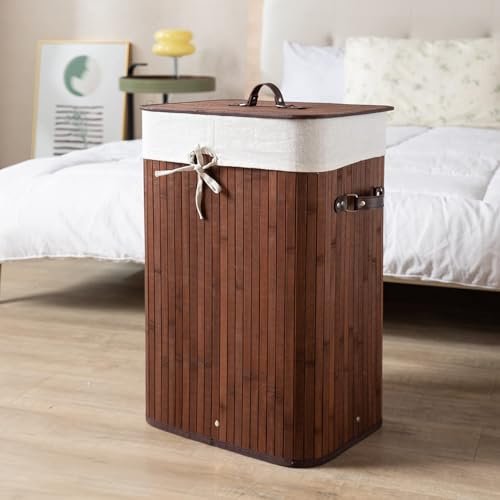 HomeStorie® Eco-Friendly Foldable Bamboo Laundry Basket Hamper with Lid, Large - 81 Liter (Coffee Brown)