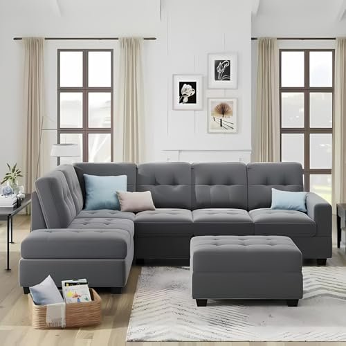 Homeify Ciesta Fabric 6 Seater L Shape Sofa Set with Storage Ottoman for Living Room (Premium Velvet,Left Side,Grey)