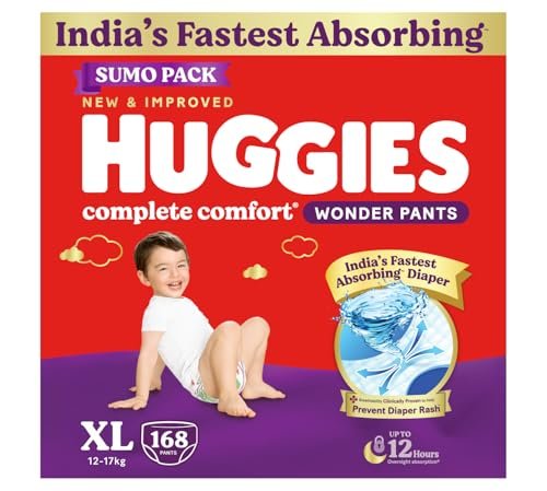 Huggies Complete Comfort Wonder Pants | Pant Style Baby Diapers Extra Large Size, 168 Count | India's Fastest Absorbing Diaper, Prevents Diaper Rash, Ideal for 12 to 17 Kgs