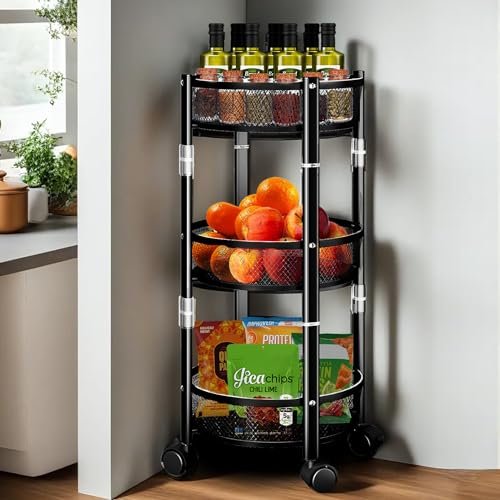 IBELL TR3530AM Foldable Kitchen Storage Rack with Wheels, 3 Layer, Carbon Steel, Portable Organizer Trolley for Dishes, Fruits and Vegetables (Black)