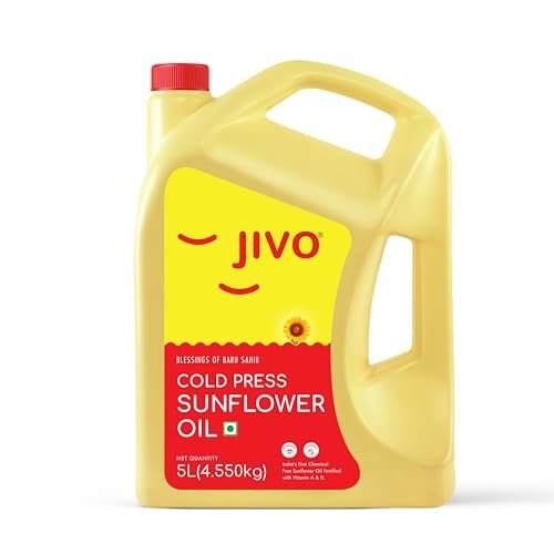 Jivo Cold Pressed Chemical-Free Sunflower Oil - 5 Litres | Pure & Natural Oil for Cooking | Ideal for Roasting, Frying, Baking, and All Types of Cuisines | Sunflower Oil (Pack of 1)
