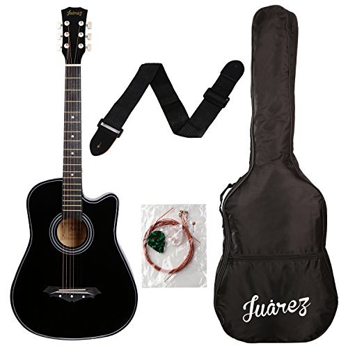 Juârez Acoustic Guitar Kit, JRZ38C/BK 38 Inch Cutaway, 038C with Bag, Strings, Pick and Strap, Black