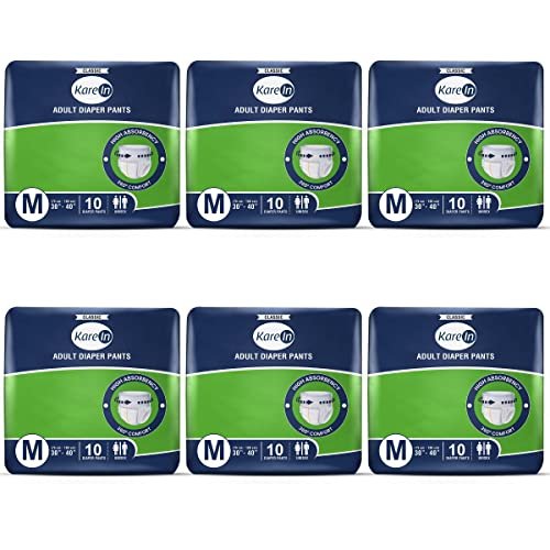 KareIn Classic Adult Diaper Pants, Medium 75-100 Cm (30"- 40"), 60 Count, Unisex, Leakproof, Elastic Waist, Wetness Indicator, Pack of 6