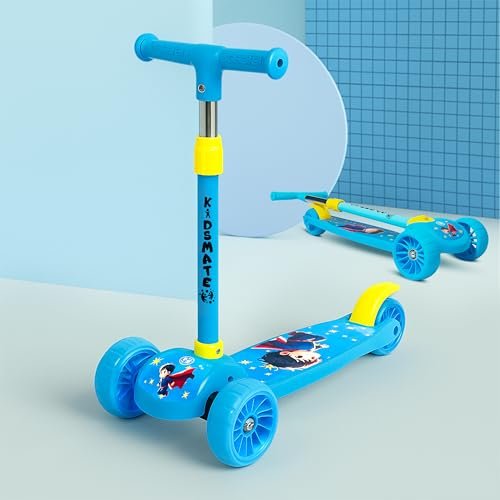 Kidsmate Cruiser Kick Scooter for Kids with Broad Wheels | 3-Wheel Skate Scooter for Boys & Girls of Ages 2-12 Years | 5-Level Adjustable Height, and Easy Fold Design Scooter for Kids (Blue)