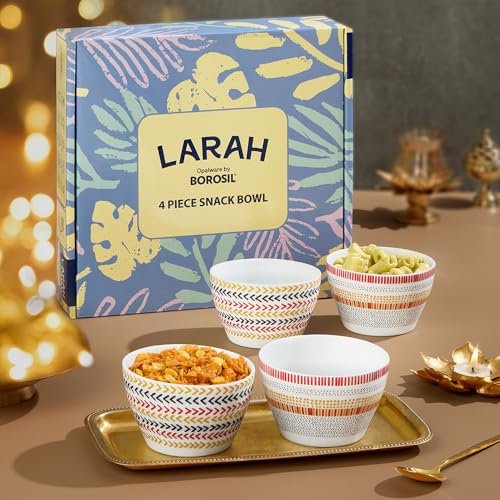 Larah by BOROSIL Boho & Rhythm Opalware 4 pc Snack Bowl Set | 515 ml x 4 Pasta Bowl Set | Microwave & Dishwasher Safe, Bone-Ash Free | Crockery Set Ideal for Daily Use & Gifting, White