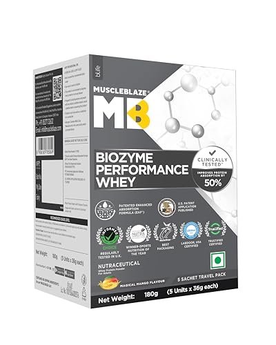 MuscleBlaze Biozyme Performance Whey Protein Powder 5 Sachet Travel Pack, Magical Mango (5x36g) | 25g Protein Per Scoop | Clinically Tested 50% Higher Protein Absorption