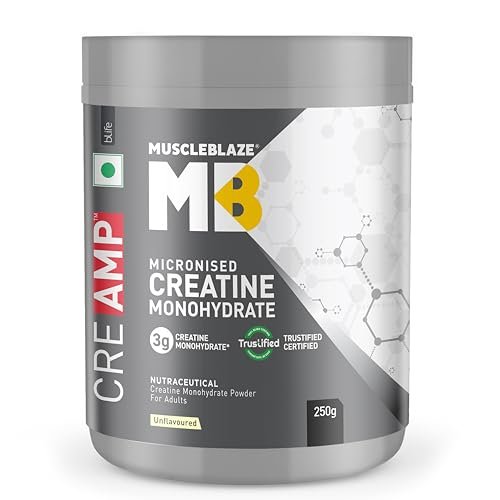 MuscleBlaze Micronised Creatine Monohydrate CreAMP Powder, Unflavoured (80 Servings, 250g) | Trustified Certified Creatine