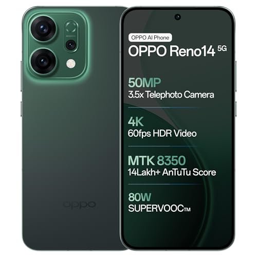 OPPO Reno14 5G (Forest Green, 12GB RAM, 512GB Storage) with No Cost EMI/Additional Exchange Offers