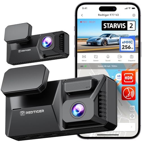 REDTIGER F77 V2 Dual 4K Dash Cam with Built-in 256GB eMMC, Dual STARVIS 2 IMX678 Front & Rear Cameras with Dual HDR, 4" Touchscreen, Voice Control, 5.8GHz Wi-Fi GPS, 24H Parking Monitor, Night Vision