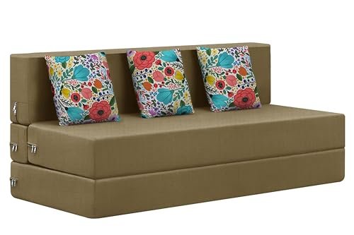Rosebell Foldable Three Seater Sofa Cum Bed, Sofa Bed 5 X 6 Feet, Jute Fabric- Washable Cover- Including 3 Cushion Perfect for Home & Office for Guests(Golden Color)