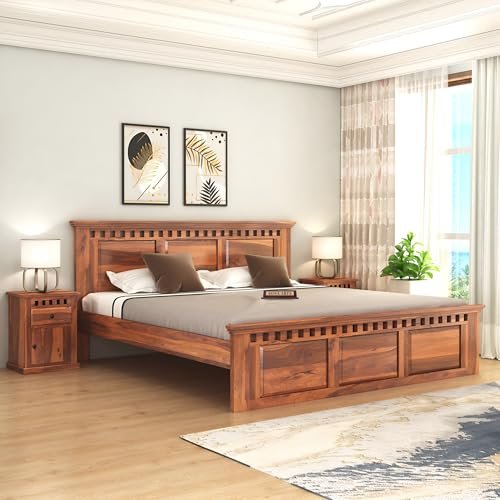 SONA ART & CRAFTS Kuber Solid Sheesham Wood Bed Queen Size Without Storage (78x60) with 2 Bedside Table, Double Bed Queen Size Cot for Bedroom (Natural Finish)