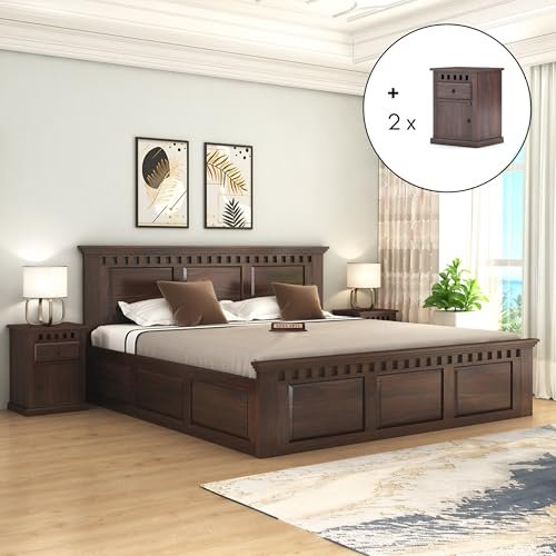 SONA ART & CRAFTS Kuber Solid Sheesham Wood King Size Bed with Storage Box + 2 Side Tables | Wooden King Size Cot Bed | Double Bed with Box with 2 Bedside Tables for Home - Walnut (Assembly Included)