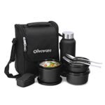 SOPL-OLIVEWARE Teso Pro Lunch Box with Steel Cutlery,3 Microwave Safe Inner Containers with Bpa Free Lids(290Ml,450Ml&600Ml) Plastic Pickle Box(130Ml) Steel Water Bottle(750Ml)-Black,600 ML