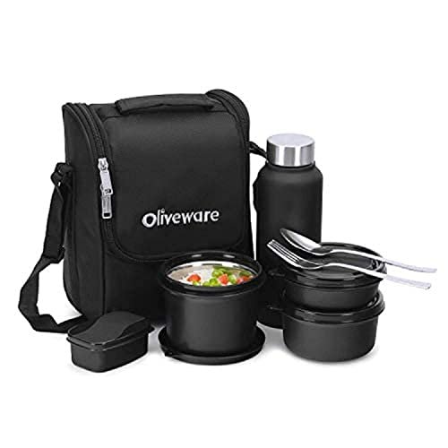 SOPL-OLIVEWARE Teso Pro Lunch Box with Steel Cutlery,3 Microwave Safe Inner Containers with Bpa Free Lids(290Ml,450Ml&600Ml) Plastic Pickle Box(130Ml) Steel Water Bottle(750Ml)-Black,600 ML